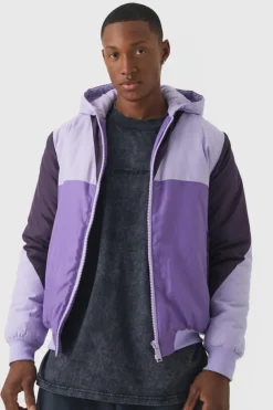 Cheap boohooMAN Colour Block Hooded Padded Bomber Jacket In purple