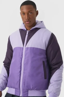 Cheap boohooMAN Colour Block Hooded Padded Bomber Jacket In purple