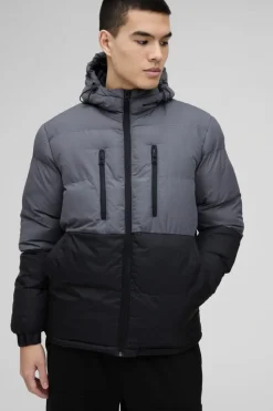 Fashion boohooMAN Colour Block Hooded Puffer in charcoal