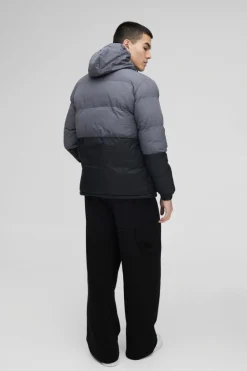 Fashion boohooMAN Colour Block Hooded Puffer in charcoal