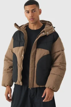 Clearance boohooMAN Colour Block Quilted Hooded Puffer In beige