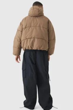 Clearance boohooMAN Colour Block Quilted Hooded Puffer In beige