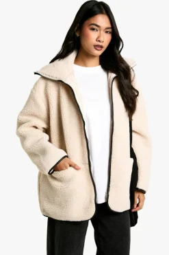 Flash Sale boohoo Contrast Detail Funnel Neck Teddy Jacket cream