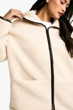 Flash Sale boohoo Contrast Detail Funnel Neck Teddy Jacket cream