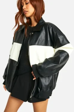 Flash Sale boohoo Contrast Detail Oversized Faux Leather Bomber Jacket black
