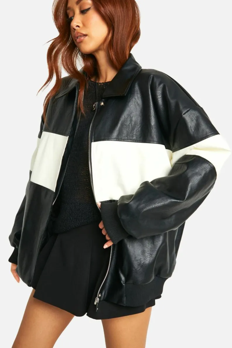 Flash Sale boohoo Contrast Detail Oversized Faux Leather Bomber Jacket black
