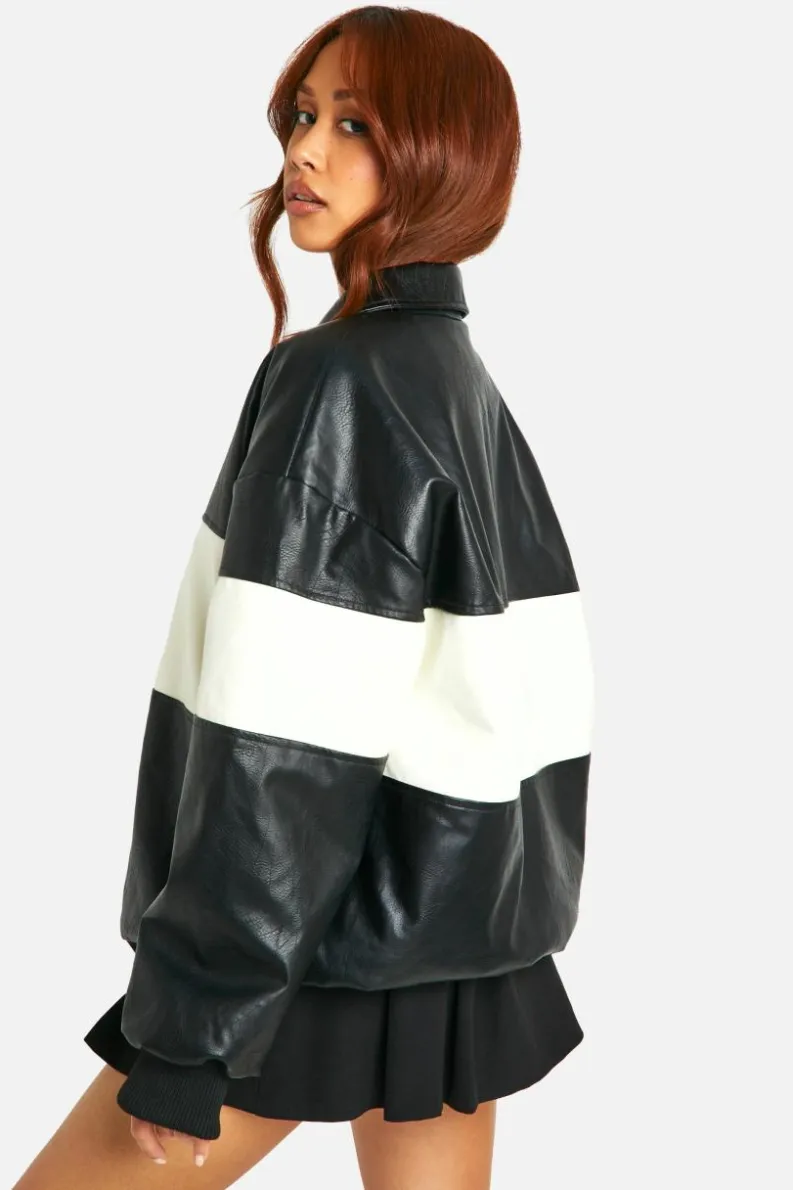 Flash Sale boohoo Contrast Detail Oversized Faux Leather Bomber Jacket black