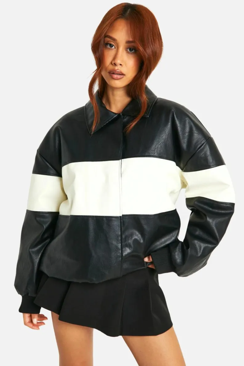 Flash Sale boohoo Contrast Detail Oversized Faux Leather Bomber Jacket black
