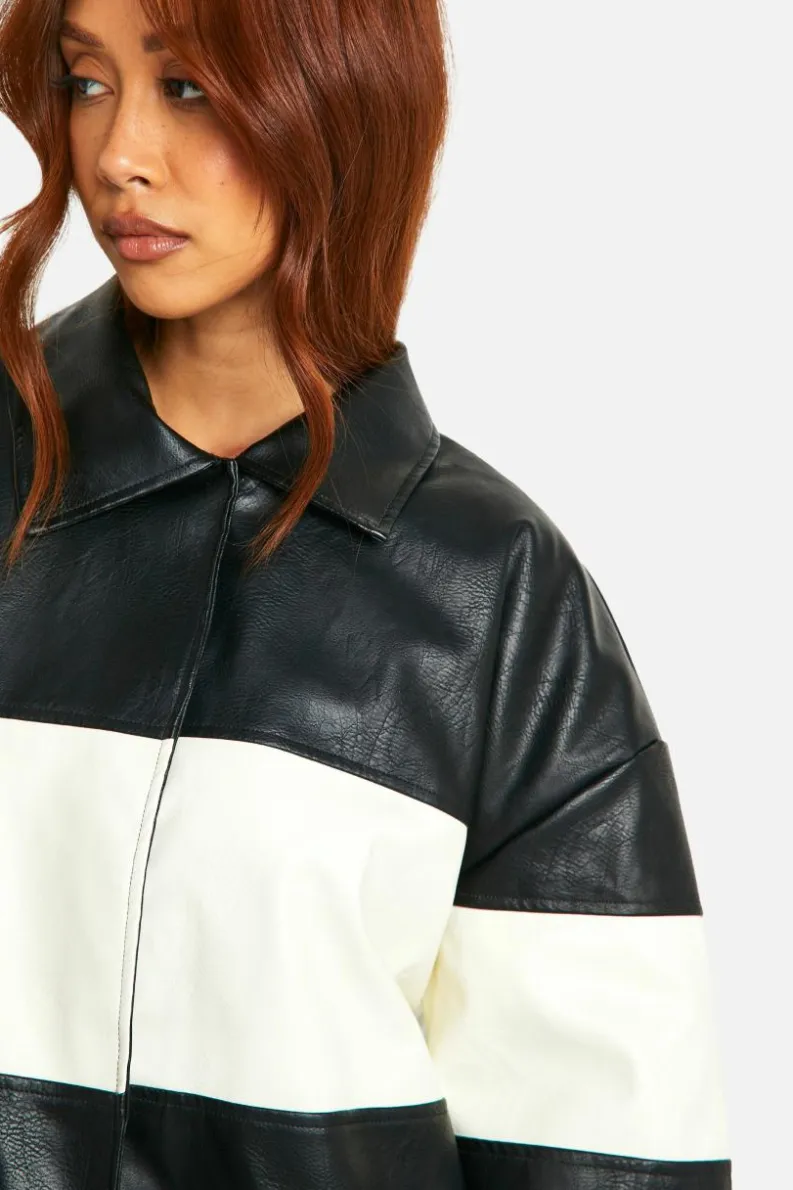 Flash Sale boohoo Contrast Detail Oversized Faux Leather Bomber Jacket black