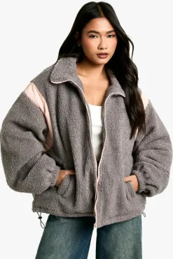 Shop boohoo Contrast Nylon Panel Teddy Jacket grey