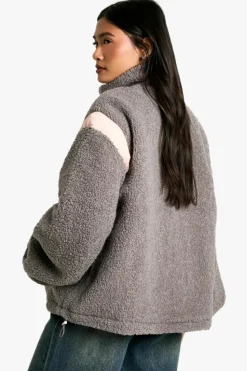 Shop boohoo Contrast Nylon Panel Teddy Jacket grey