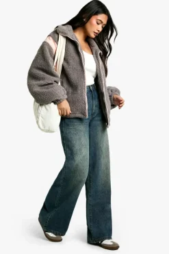 Shop boohoo Contrast Nylon Panel Teddy Jacket grey