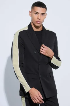 Shop boohoo Contrast Panel Double Breasted Relaxed Fit Suit black