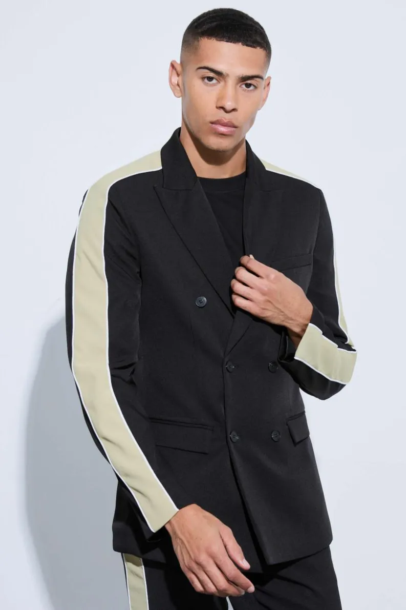 Shop boohoo Contrast Panel Double Breasted Relaxed Fit Suit black