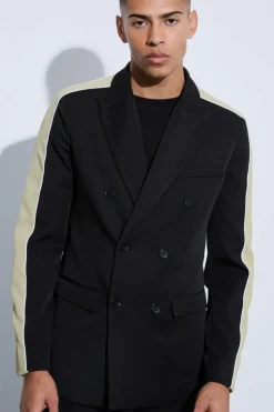 Shop boohoo Contrast Panel Double Breasted Relaxed Fit Suit black