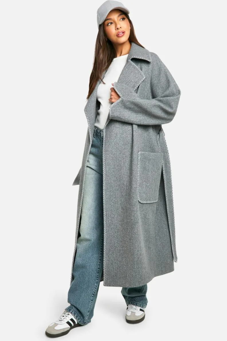 Best boohoo Contrast Stitch Belted Wool Look Coat grey