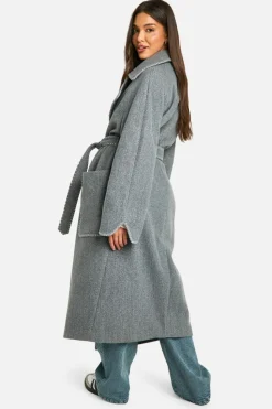 Best boohoo Contrast Stitch Belted Wool Look Coat grey