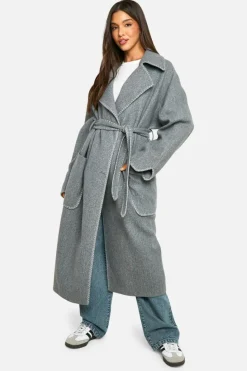 Best boohoo Contrast Stitch Belted Wool Look Coat grey