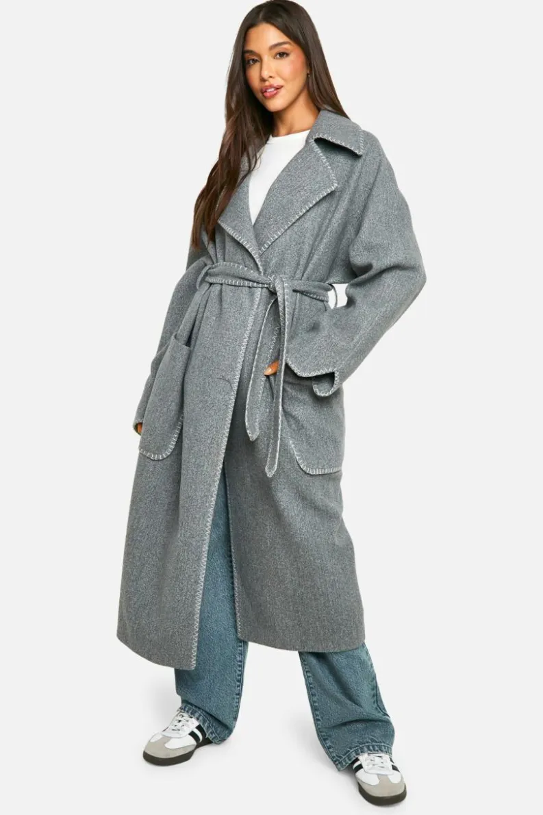 Best boohoo Contrast Stitch Belted Wool Look Coat grey