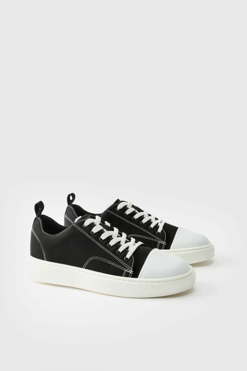 Store boohooMAN Contrast Stitch Canvas Trainer black