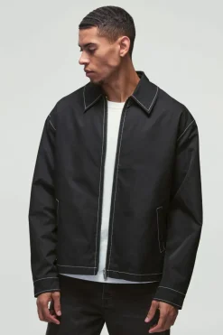 Online boohooMAN Contrast Stitch MAN Tab Bomber Jacket in black