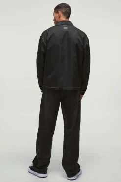 Online boohooMAN Contrast Stitch MAN Tab Bomber Jacket in black