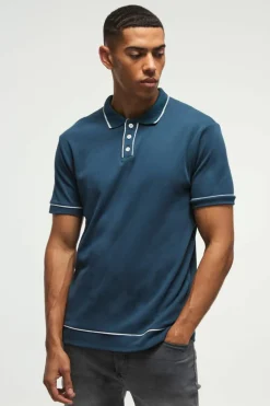 Cheap boohooMAN Contrast Tipped Interlock Polo navy
