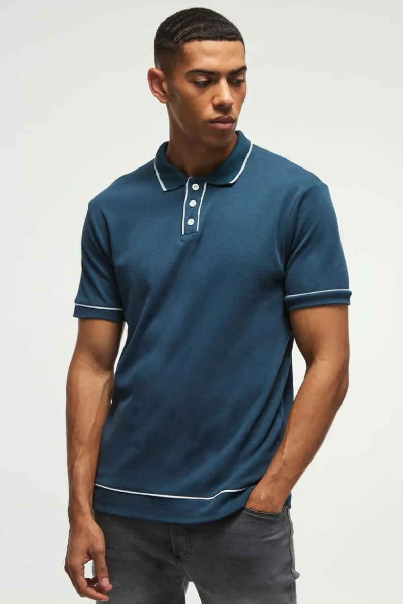 Cheap boohooMAN Contrast Tipped Interlock Polo navy