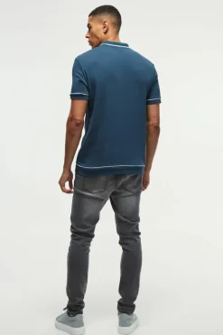 Cheap boohooMAN Contrast Tipped Interlock Polo navy
