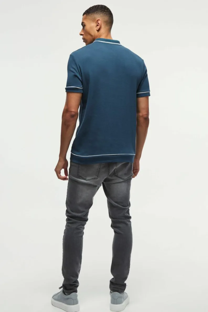 Cheap boohooMAN Contrast Tipped Interlock Polo navy