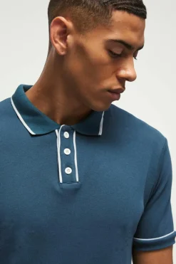 Cheap boohooMAN Contrast Tipped Interlock Polo navy