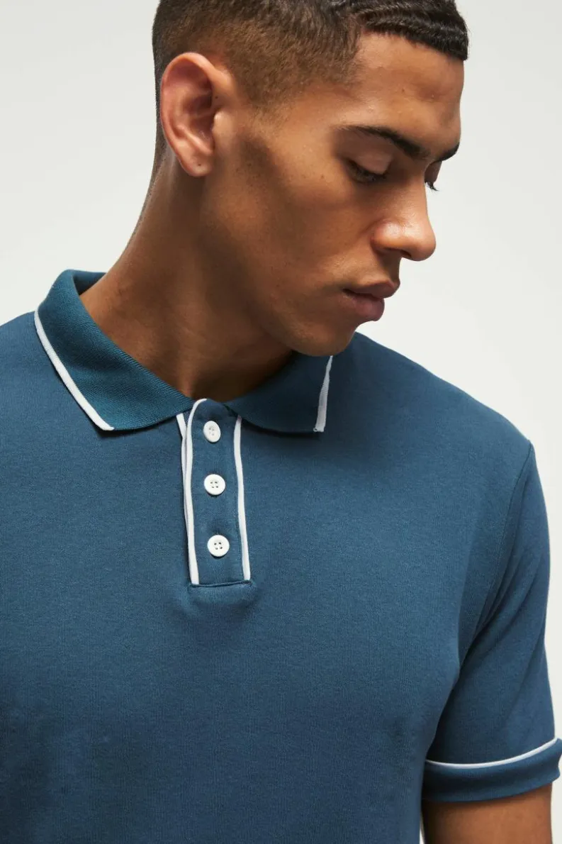 Cheap boohooMAN Contrast Tipped Interlock Polo navy
