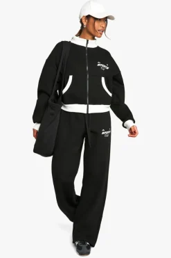 Online boohoo CONTRAST ZIP THROUGH SWEATSHIRT STRAIGHT LEG JOGGER TRACKSUIT black