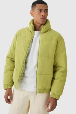Cheap boohooMAN Cord Funnel Neck Puffer Coat In lime