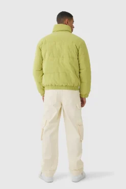 Cheap boohooMAN Cord Funnel Neck Puffer Coat In lime