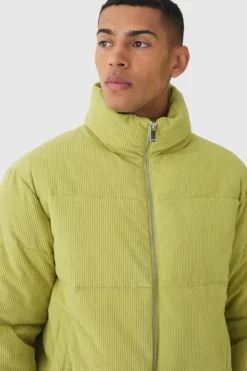 Cheap boohooMAN Cord Funnel Neck Puffer Coat In lime