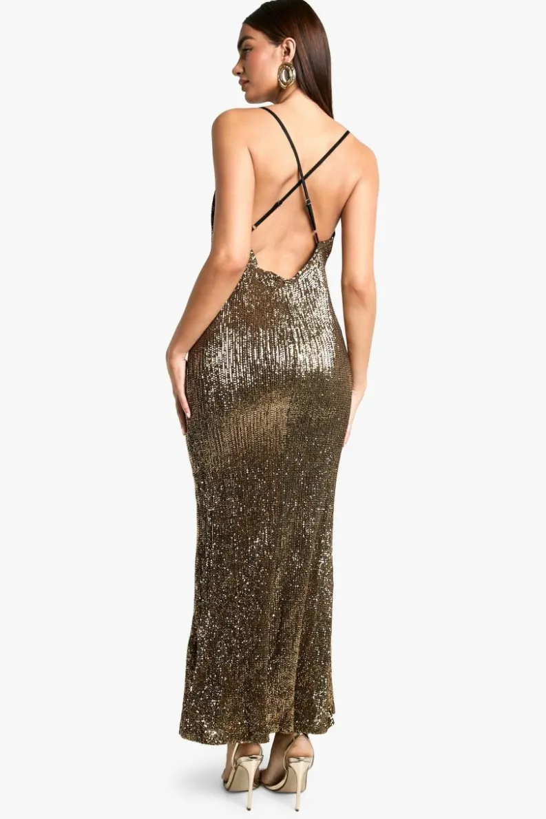 Cheap boohoo Cowl Neck Sequin Maxi Dress gold