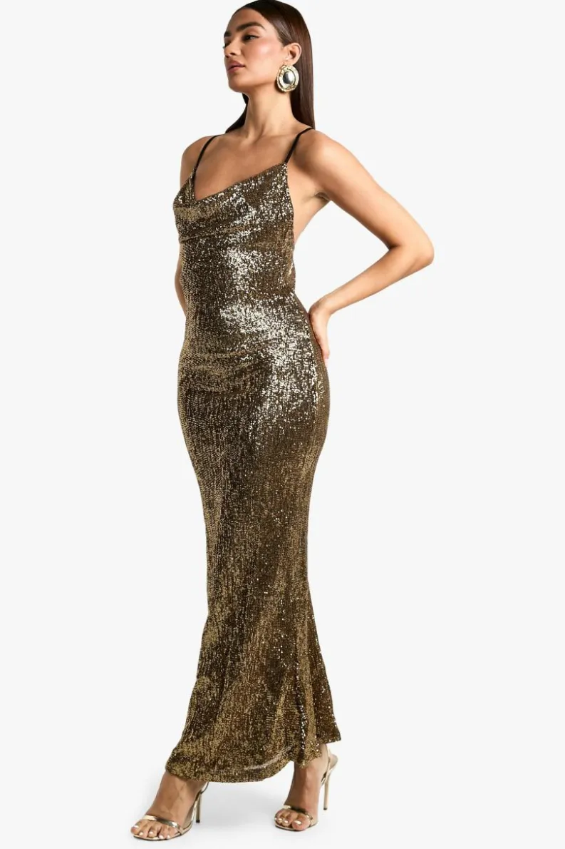 Cheap boohoo Cowl Neck Sequin Maxi Dress gold