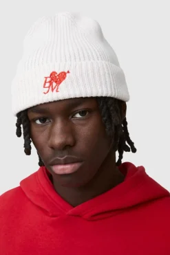 Online boohooMAN Heart Graphic Ribbed Beanie cream