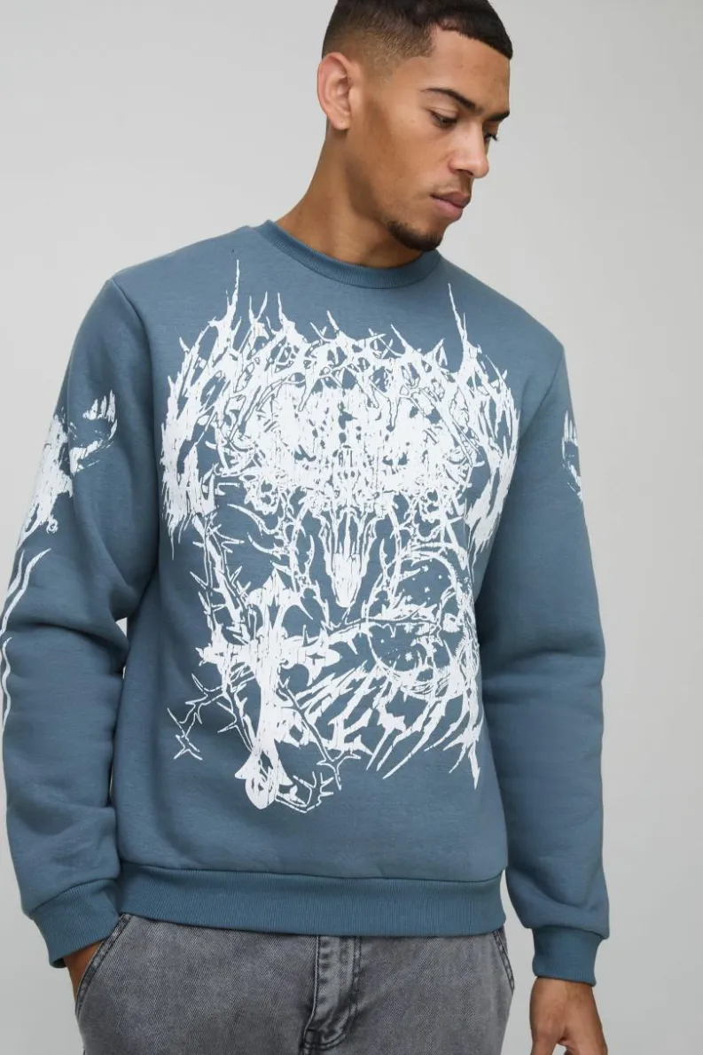 Clearance boohooMAN Crew Neck Large Scale Gothic Sweatshirt slate blue