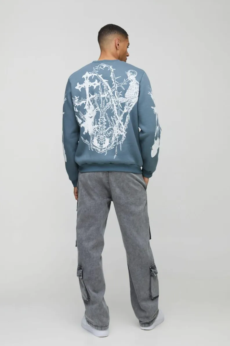 Clearance boohooMAN Crew Neck Large Scale Gothic Sweatshirt slate blue