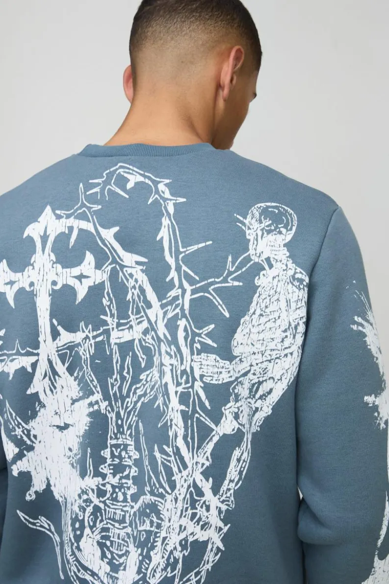 Clearance boohooMAN Crew Neck Large Scale Gothic Sweatshirt slate blue