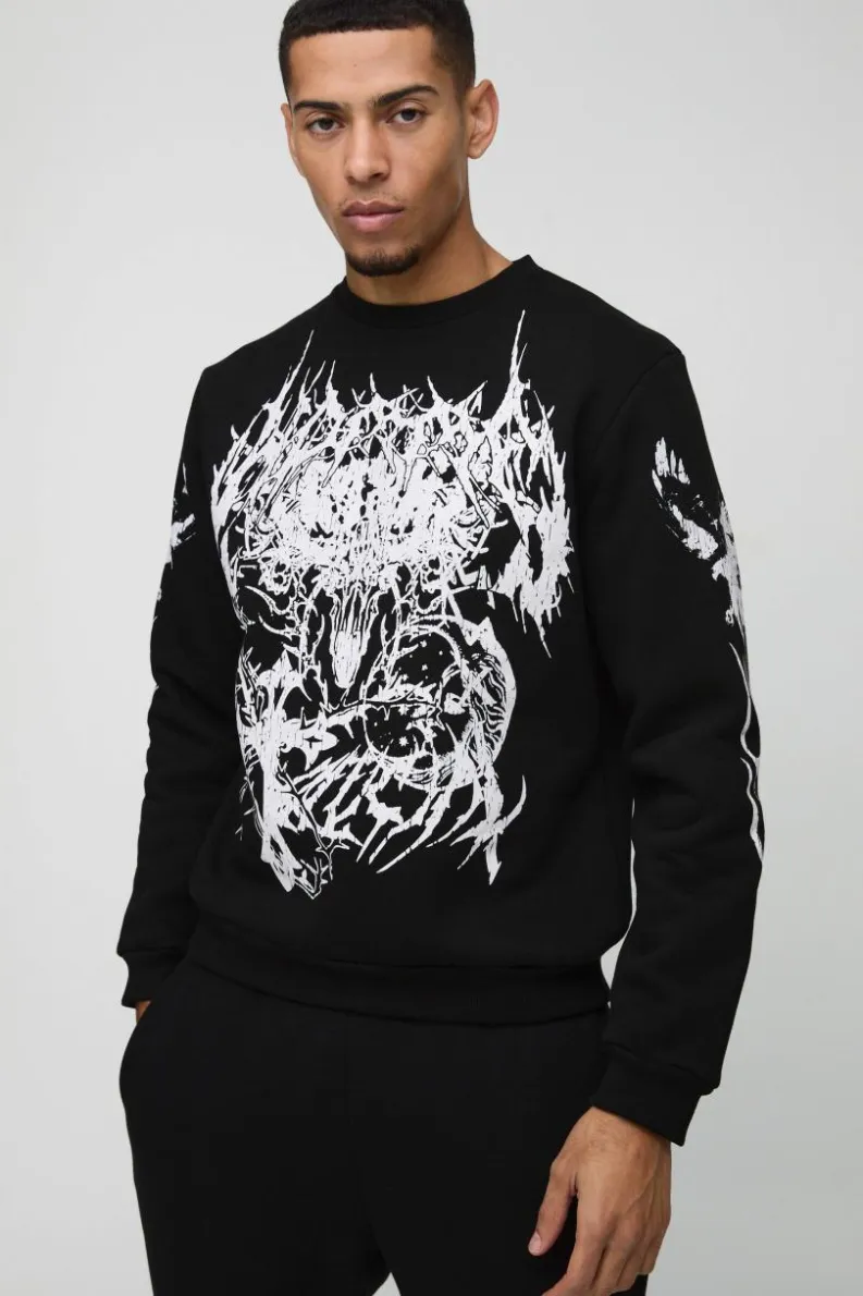 Store boohooMAN Crew Neck Large Scale Gothic Sweatshirt black