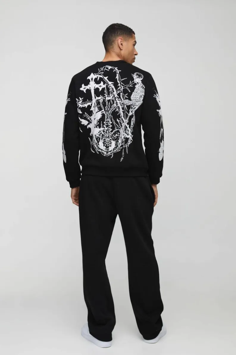 Store boohooMAN Crew Neck Large Scale Gothic Sweatshirt black