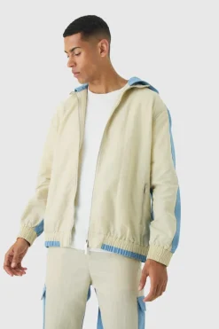 Cheap boohooMAN Crinkle Nylon And Denim Hooded Jacket light blue