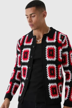 Fashion boohooMAN Crochet Long Sleeve Knitted Overshirt red