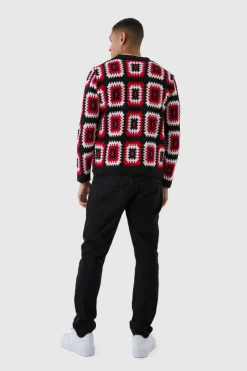 Fashion boohooMAN Crochet Long Sleeve Knitted Overshirt red