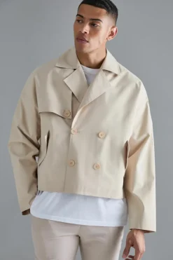 Outlet boohooMAN Cropped Double Breasted Trench Coat sand