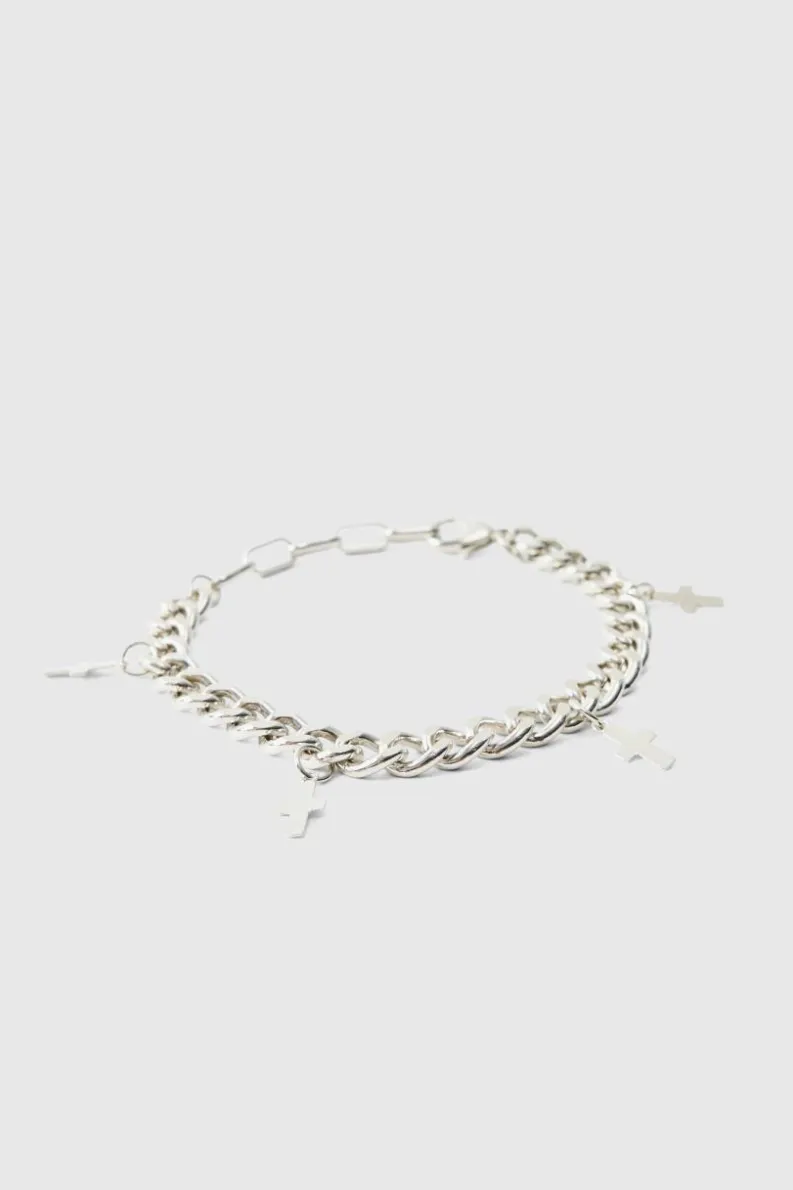 New boohooMAN Cross Charm Bracelet in silver