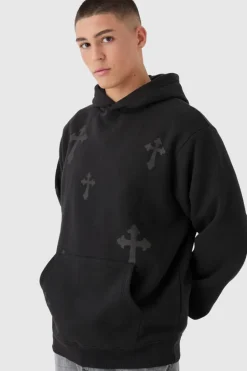 Online boohooMAN Cross Graphic Hoodie black